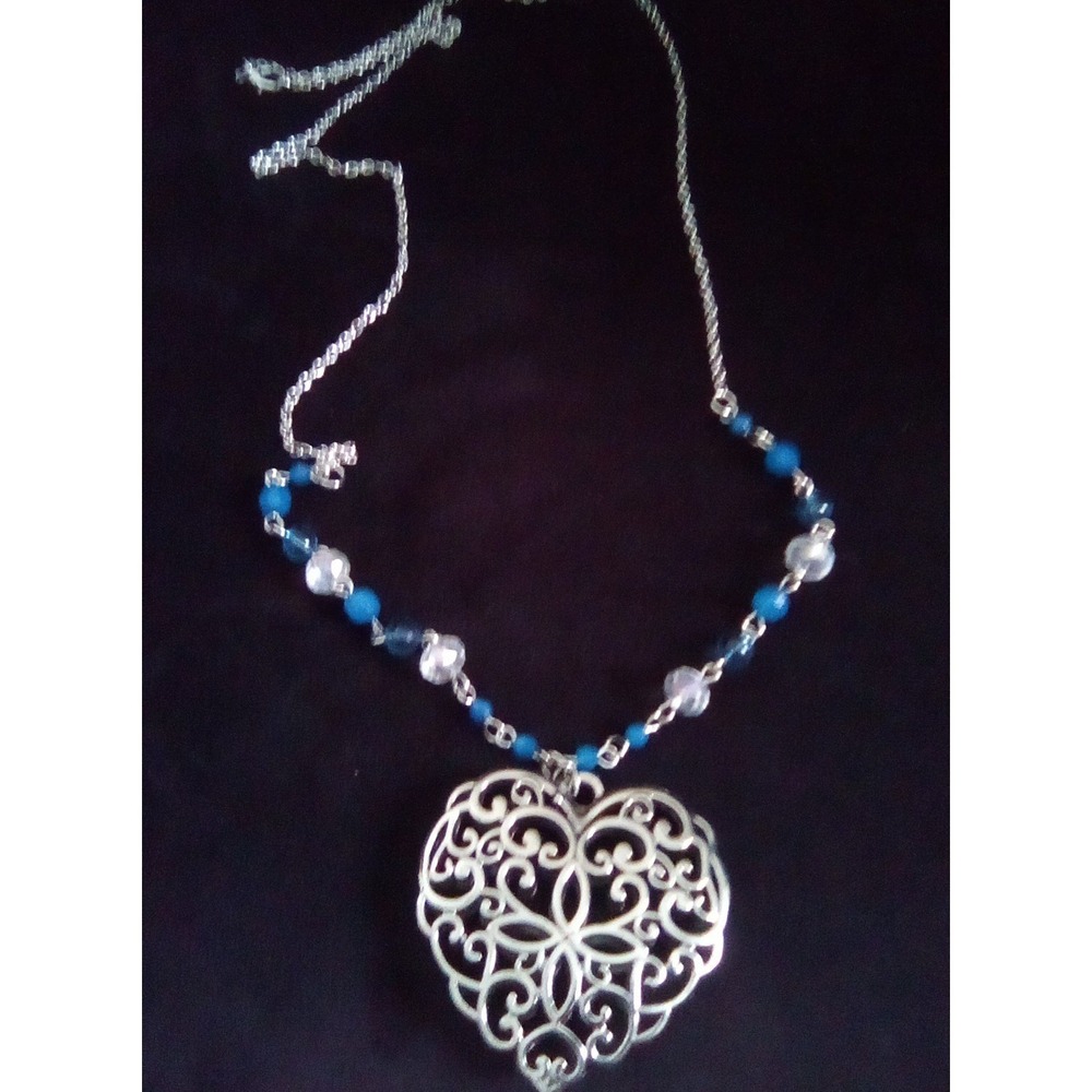 Silver Tone Filigree Heart Pendant Necklace with Blue and Clear Beads Boho 20in. - Picture 5 of 6